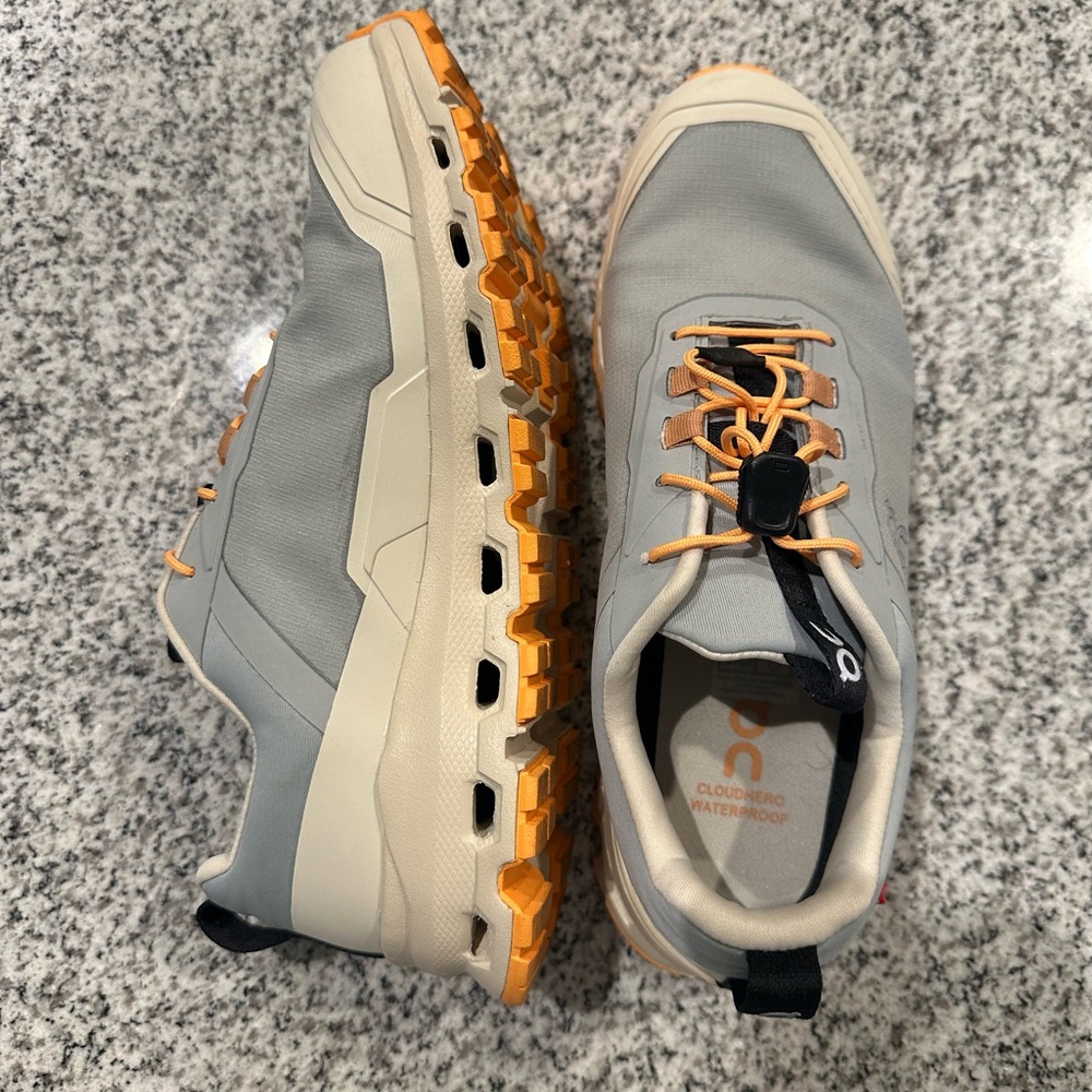 On Cloudhero Waterproof in Light Blue-Gray with Orange Accents (Glacier | Cream)